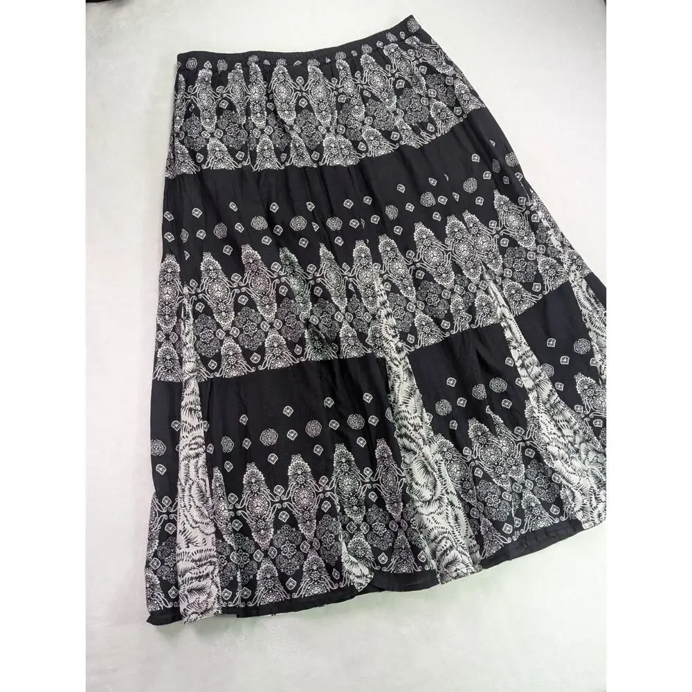 VTG Choices Womens XL Black White Medallion Paisley Boho Maxi Skirt